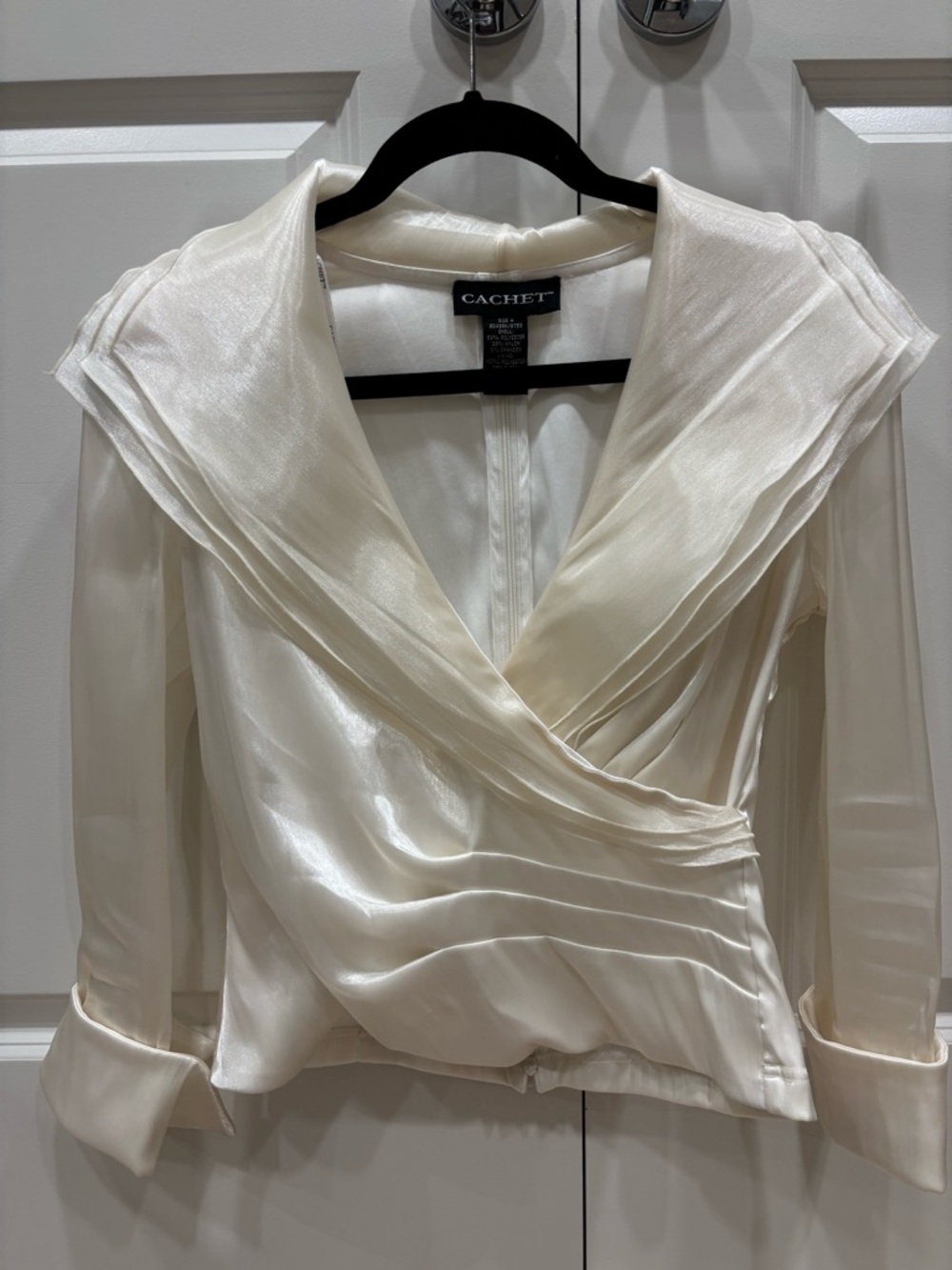 Cachet Ivory Satin Wrap Blouse with Draped Collar
